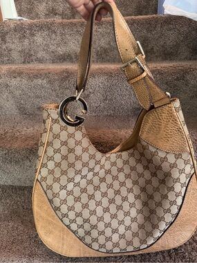 Brown Canvas Shoulder Bag with Gold G Charm Accent